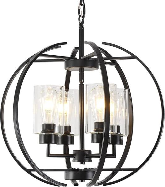 Black Chandelier Lighting with Clear Glass for Dining Room, Farmhouse Hanging Lighting, 4 Lights Globe Ceiling Light Fixture