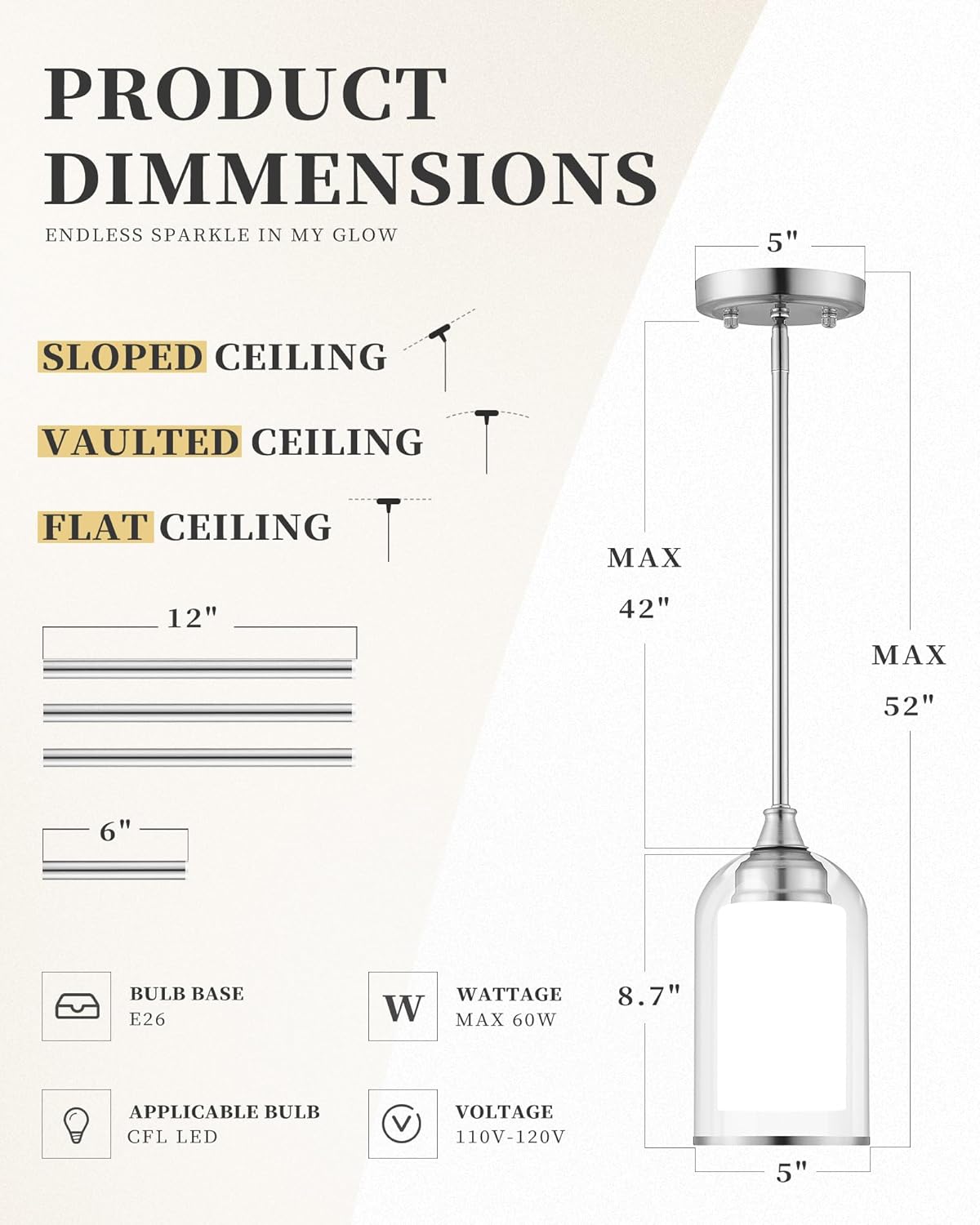 LIROUVET Modern Pendant Lights - Dual Glass Pendant Lights Kitchen Island, Brushed Nickel Hanging Lamp with Clear and Milk Glass, 1=Light Pendant Lighting for Kitchen, Dining Room, PL02BN