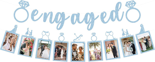 Pre-Strung Engaged Photo Banner - Light Blue Glitter Engagement Party Decoration Supplies with Romantic Memories Picture Card Frames for Bachelorette, Bridal Shower, Wedding Party Photo Booth Props