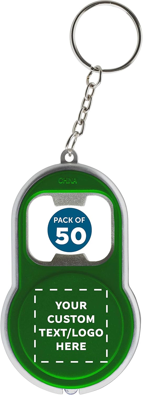 DISCOUNT PROMOS Custom Bottle Opener & LED Keychains Set of 50, Personalized Bulk Pack - Perfect for Tradeshows, Party Favors, Other Events - Green