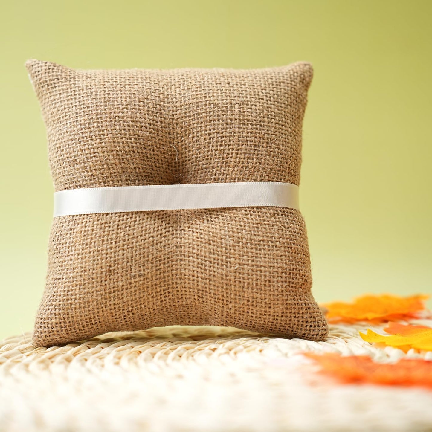 QIRMIZI Vintage Rustic Burlap Ring Bearer Pillow - Elegant Fall Wedding Décor with Lace, Bow, and Embroidered Flower Ribbon