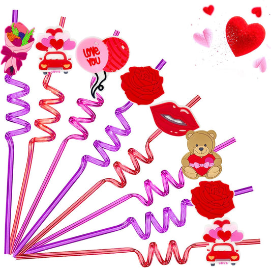 24 Valentines Reusable Party Drinking Straws Birthday Party Supplies Decorations with 2 PCS Cleaning Brushes (Valentines Rose)