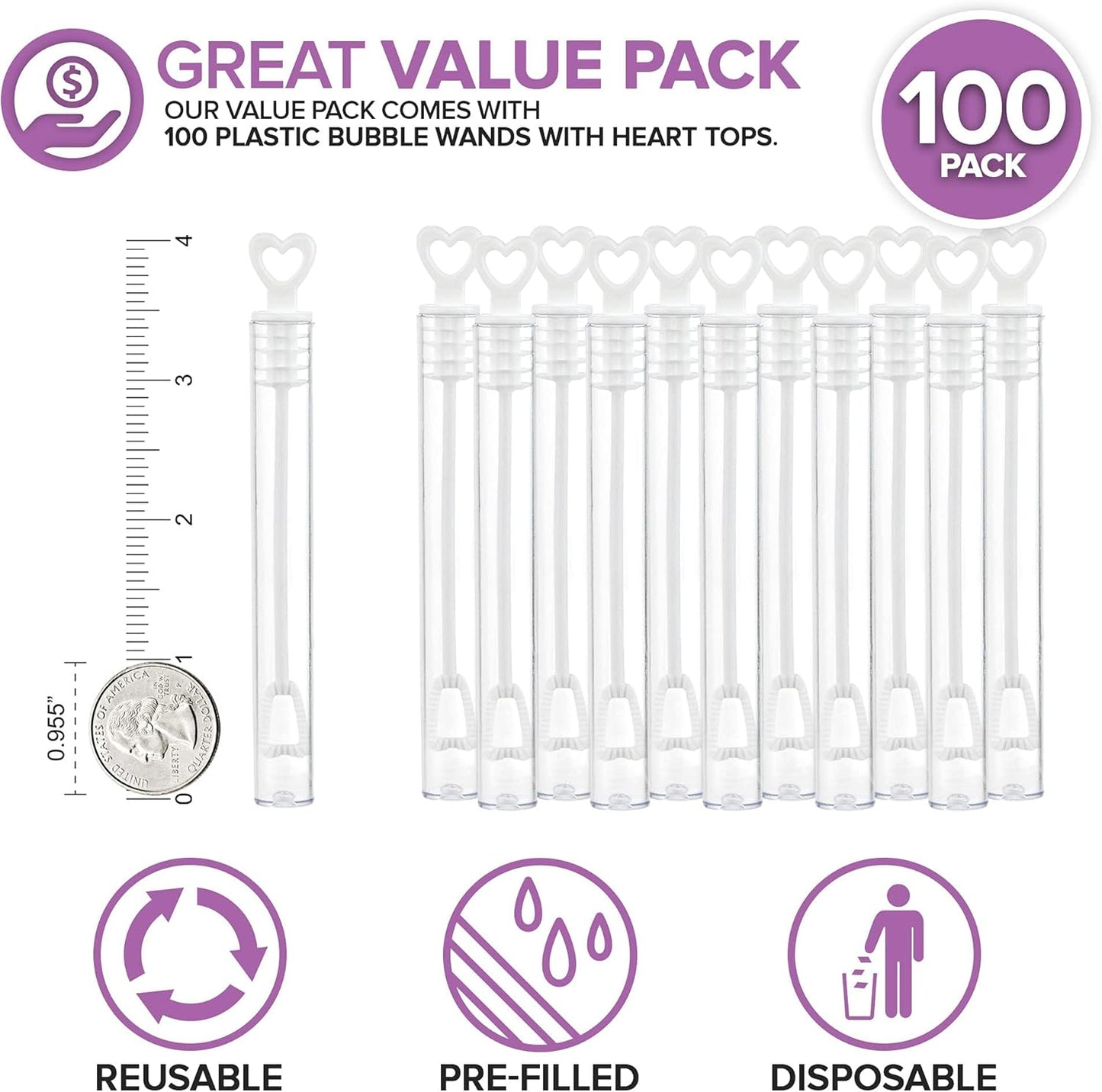 Wedding Bubbles Bulk - White Heart Top Wands (100 Count) Individual Mini Bubble Wand Favors for Weddings, Celebration Party Favor for Guests - Stock Your Home