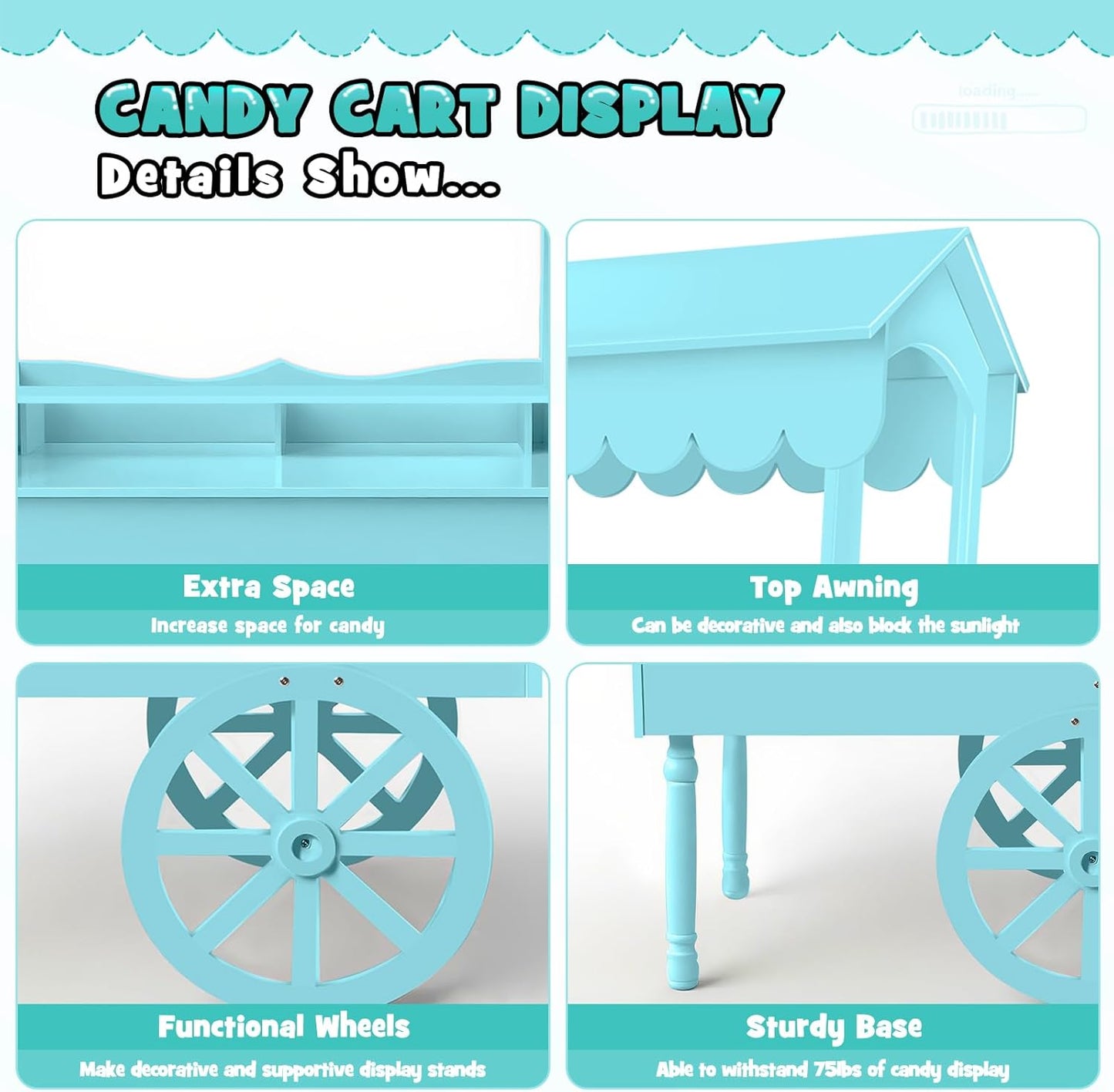 7FT Candy Cart Display Stand with Decorated Wheels, Dessert and Party Decoration Cart with 100 Ballons, Easy to Install Vintage for Parties, Birthdays, Weddings, (blue)