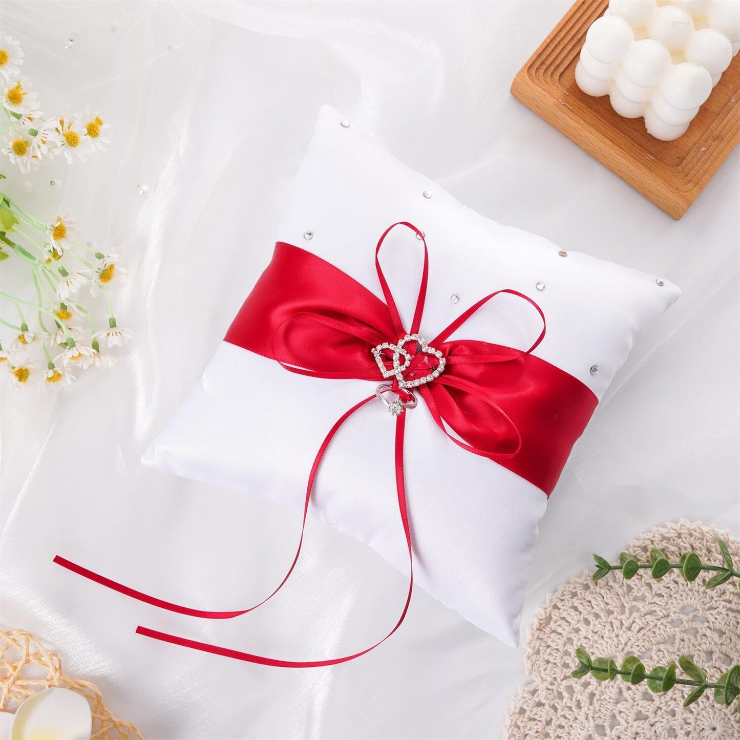 QIRMIZI Ring Pillow, Pearls Ring Cushion, Ring Bearer Holder for Beach Wedding & Ceremony, Proposal - Red