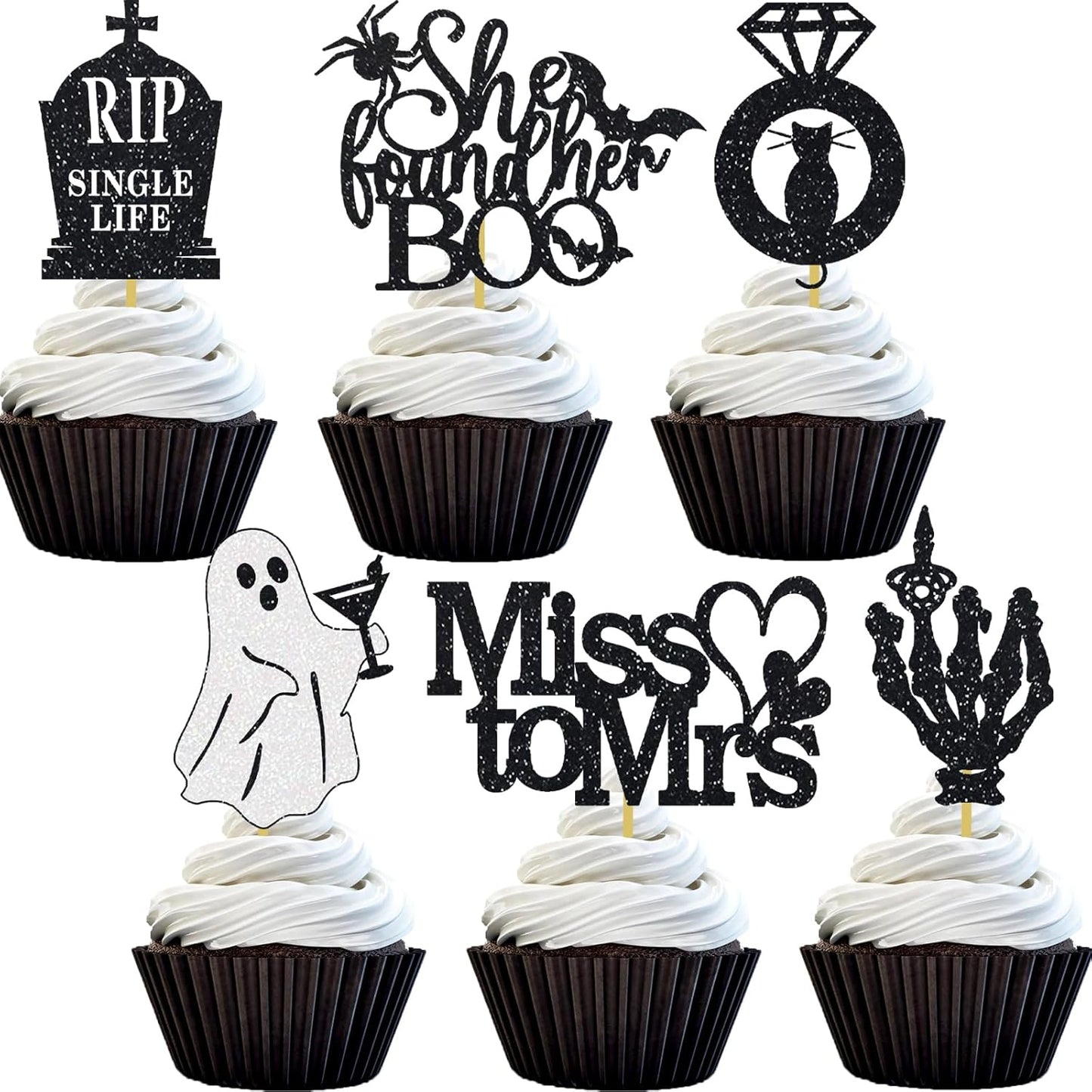 Halloween Bachelorette Cupcake Topper She Found Her Boo Rip Single Life Miss To Mrs Ring Cat Skull Finger Engagement Party Decorations White