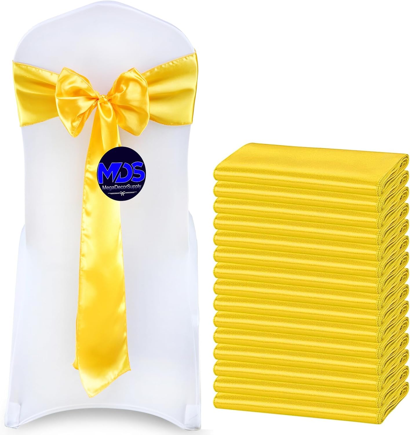 MDS Pack of 50 PCS Satin Chair Sashes Charmeuse Sateen Dining Chair Bows Ribbon Ties Back Sash for Wedding Party Birthday Home Hotel Restaurant Banquet Decoration (7 x 108 Inch, Yellow Gold)