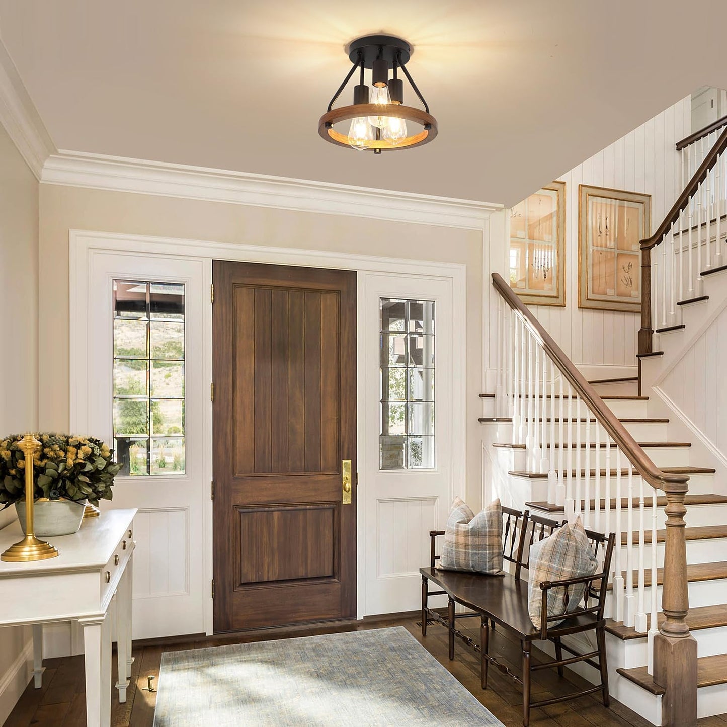 Modern Farmhouse Wood Semi Flush Mount Ceiling Light, Hallway Entryway Light Fixtures, 3-Light Rustic Industrial Ceiling Lamp for Kitchen Bedroom Dining Room Laundry Room Lighting, UL-Listed