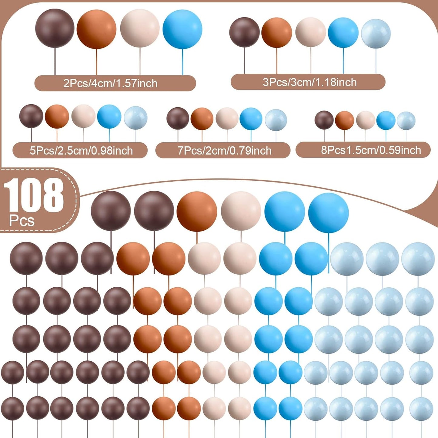 108 Pcs Balls Cake Topper DIY Cupcake Insert Foam Balloons for Cake Baking Wedding Anniversary Birthday Decoration(Retro Colors,Multi Sizes)
