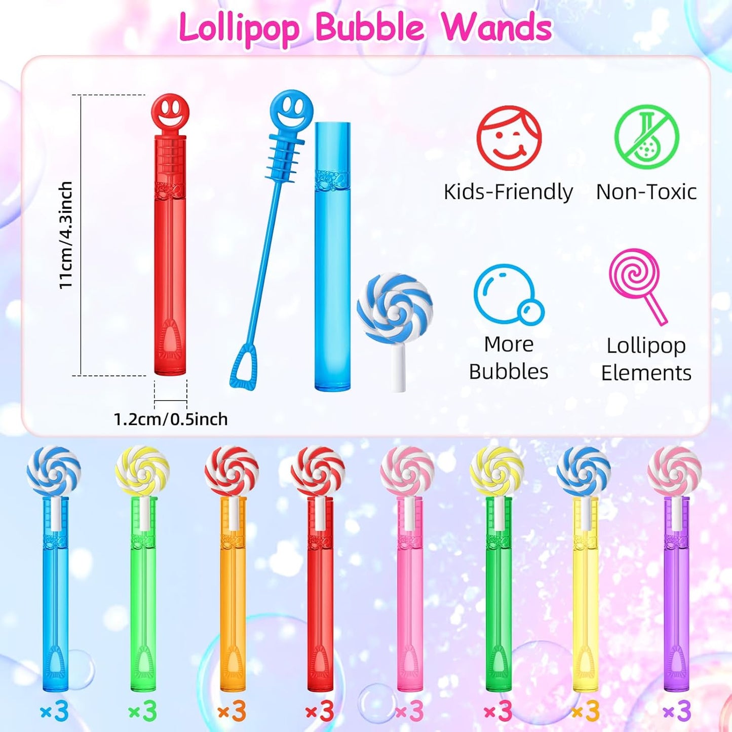 AFZMON 24 Candyland Party Favors Bubble Wands for Kids, Sweet Candy Mini Bubbles Wand Toys, Lollipop Theme Birthday Party Supplies Goodie Gift Bag Stuffers Pinata Classroom Prizes