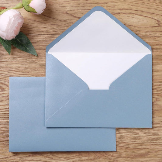 PONATIA 50 Pieces/lot A7 Envelopes, 5.25 X 7.25'' Matte Dusty Blue Envelopes Perfect For 5x7 Weddings Invitation Cards, Graduation, Acrylic Invitations, Photos (Pearl White Liner + Matte Dusty Blue)