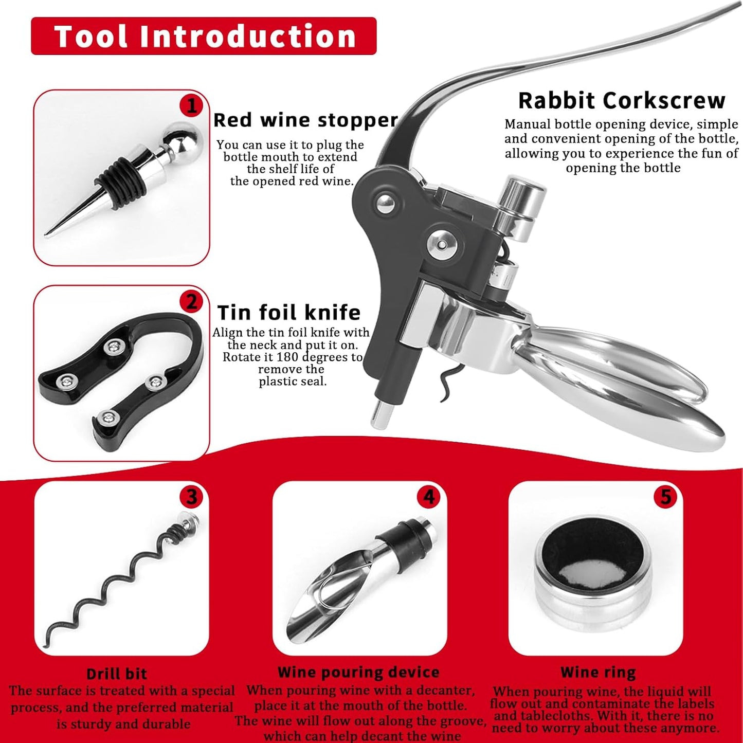 DEMARRE Silver Rabbit Corkscrew Wine Opener, Luxury Wine Bottle Opener, Zinc Alloy Corkscrew Set for All Wines, Includes Opener, Foil Cutter, Wine Stopper Pourer, Drip Ring, Black Gift Box