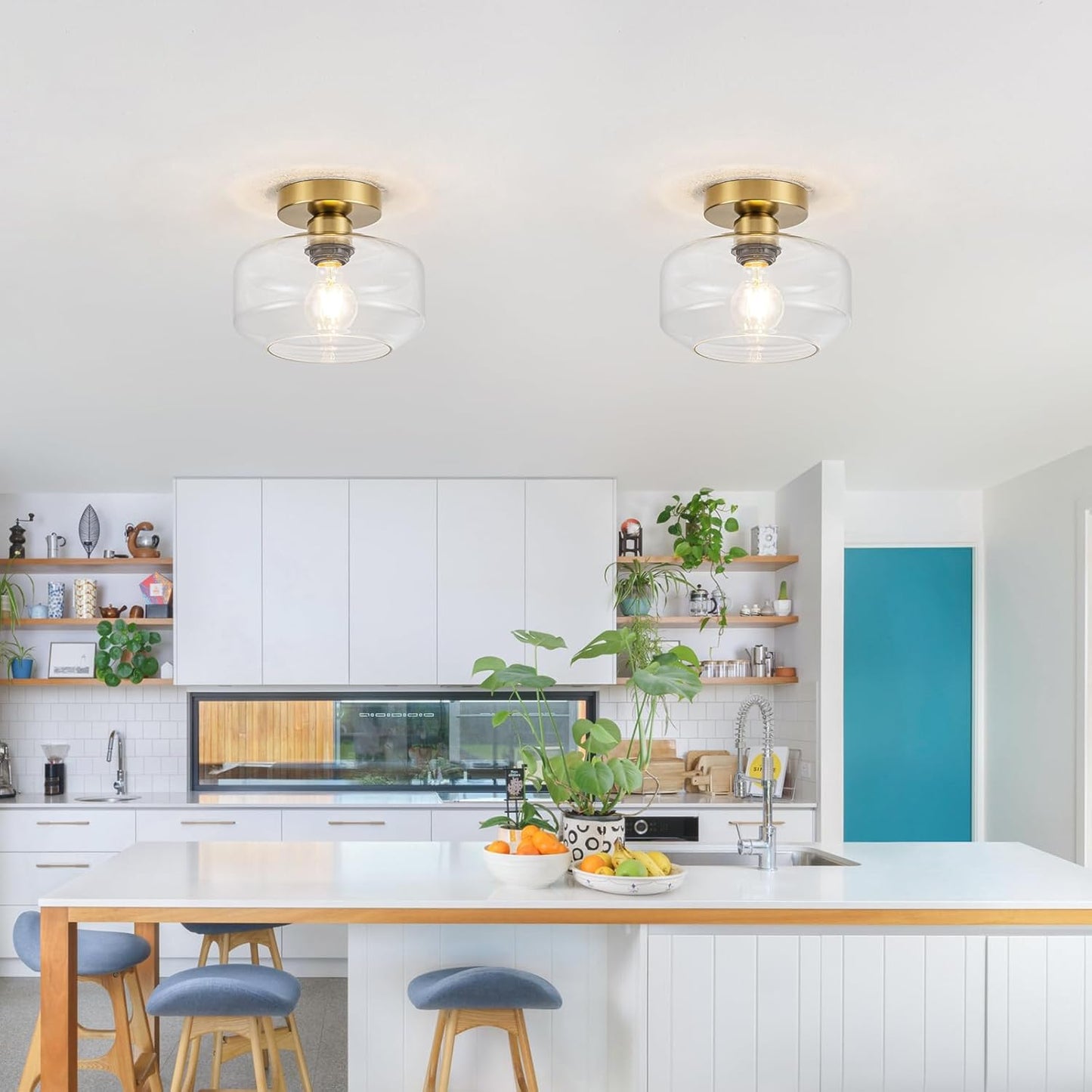 Golden Semi Flush Mount Ceiling Light - Includes 900LM Bulb (60W Eqv) - Clear Glass & Brass Fixture for Hallway, Bathroom, Kitchen Lighting