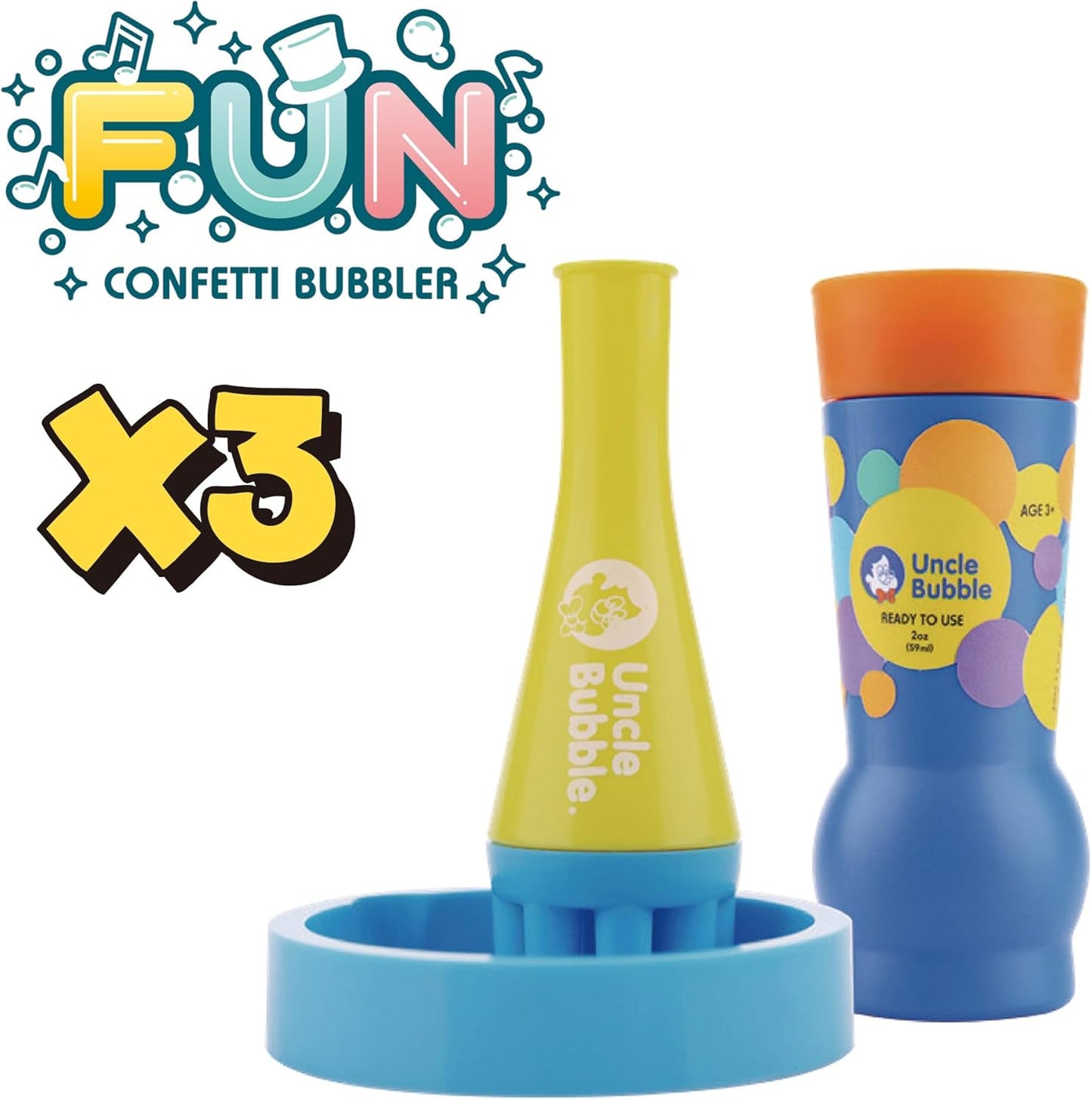 Uncle Bubble Mini Bubble Blower - Family Pack of 3 Confetti Bubbler, Fun Summer Toys for Toddler, Girls and Boys, Blow Thousands of Mini Bubbles in One Breath