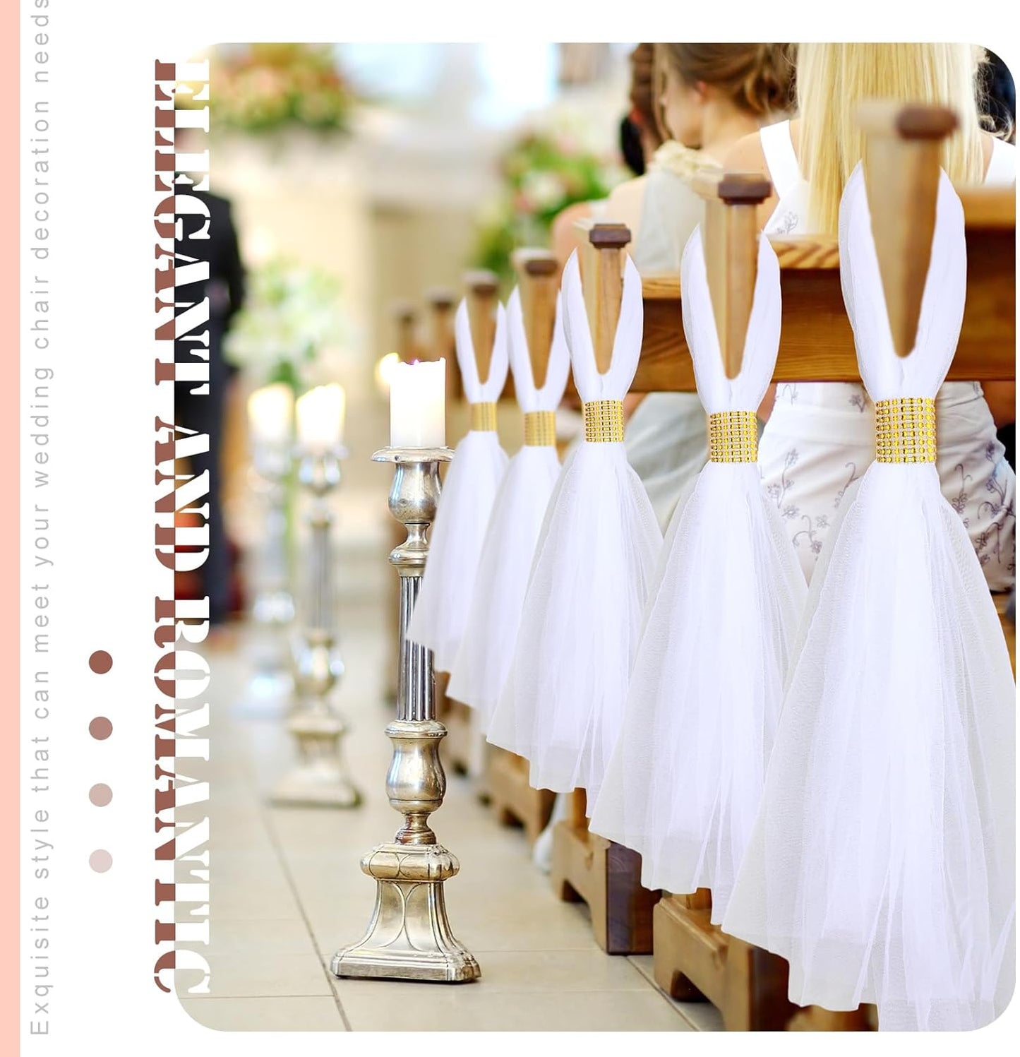 24 Set Wedding Aisle Chair Decorations 31.5 Inch Pew Bows with Long Tulle Tails and Rhinestone wrap for Wedding Ceremony Church Bridal Shower Banquet Decor (Gold)