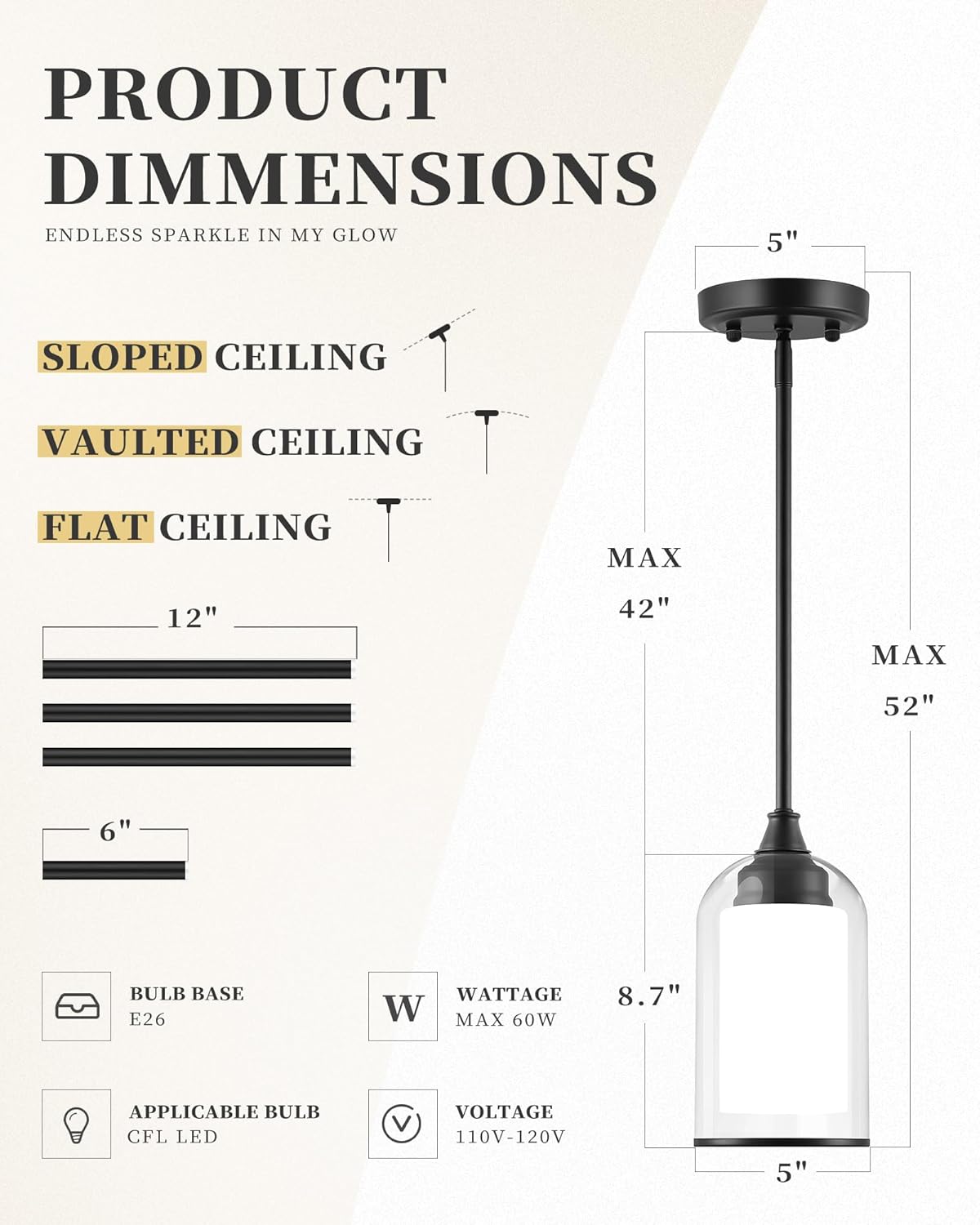 LIROUVET Black Pendant Light Fixtures - Dual Glass Hanging Light, 1-Light Pendant Lights with Clear and Milk Glass, Industrial Pendant Lighting for Kitchen, Dining Room, PL02BK-N