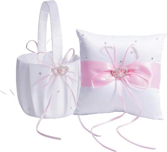 QIRMIZI Wedding Ring Pillow and Flower Girl Basket Set – Adorned with Pearl Rhinestones, White Satin,Pink
