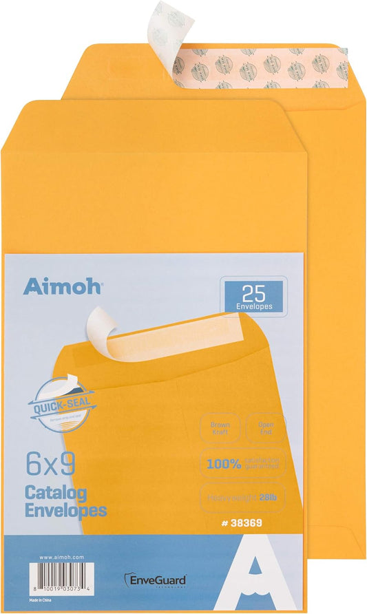 Aimoh 25 6x9 Self Seal Brown Kraft Catalog Envelopes - 28lb, 25 Count, Ultra Strong Quick-Seal, 6 x 9 inch (38369)