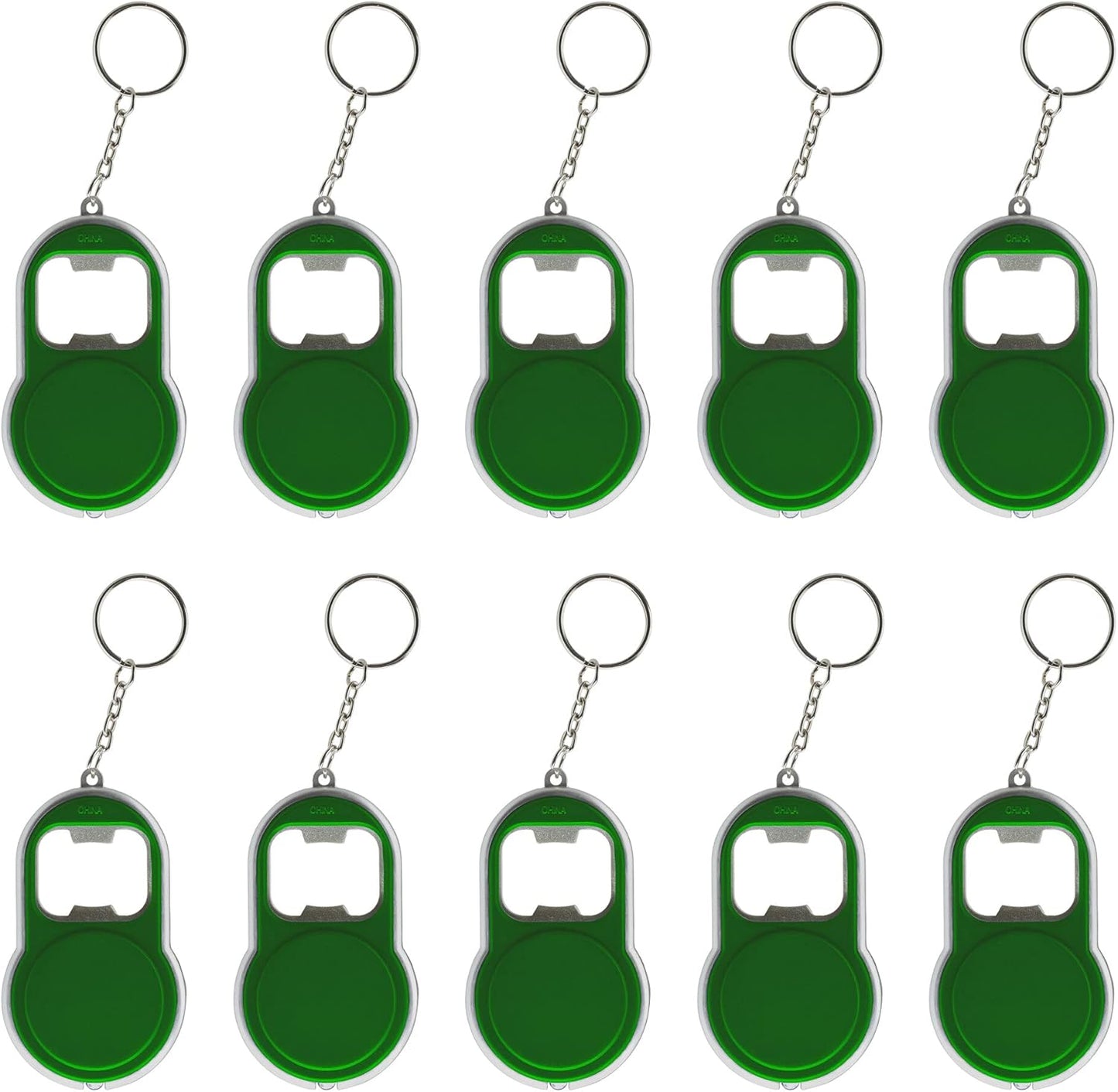 Bottle Opener & LED Keychains Set of 10, Bulk Pack - Perfect for Tradeshows, Party Favors, Other Events - Green