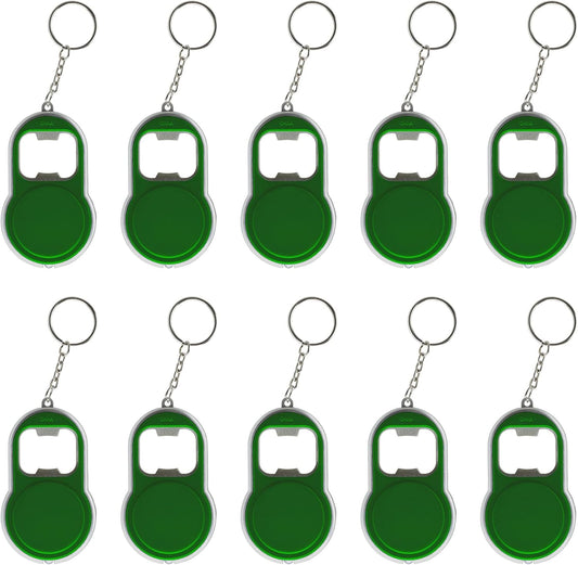 Bottle Opener & LED Keychains Set of 10, Bulk Pack - Perfect for Tradeshows, Party Favors, Other Events - Green
