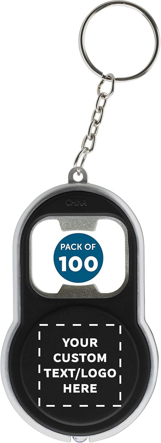 DISCOUNT PROMOS Custom Bottle Opener & LED Keychains Set of 100, Personalized Bulk Pack - Perfect for Tradeshows, Party Favors, Other Events - Black