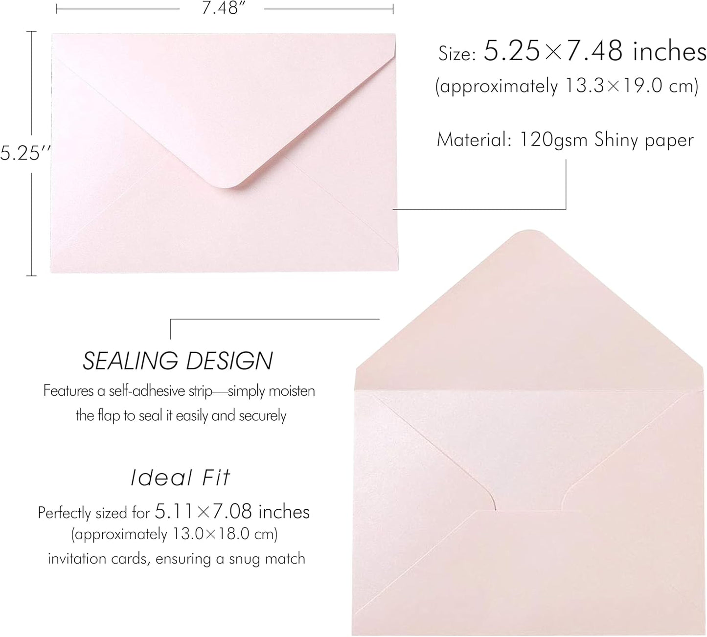 PONATIA 50 PCS/Pack A7 Envelopes, 5.25 x 7.48'' Sparkle Blush Pink Envelopes, Perfect for 5 x 7'' Wedding Invitation Cards, Graduation Invite, Acrylic Invitations, Photos