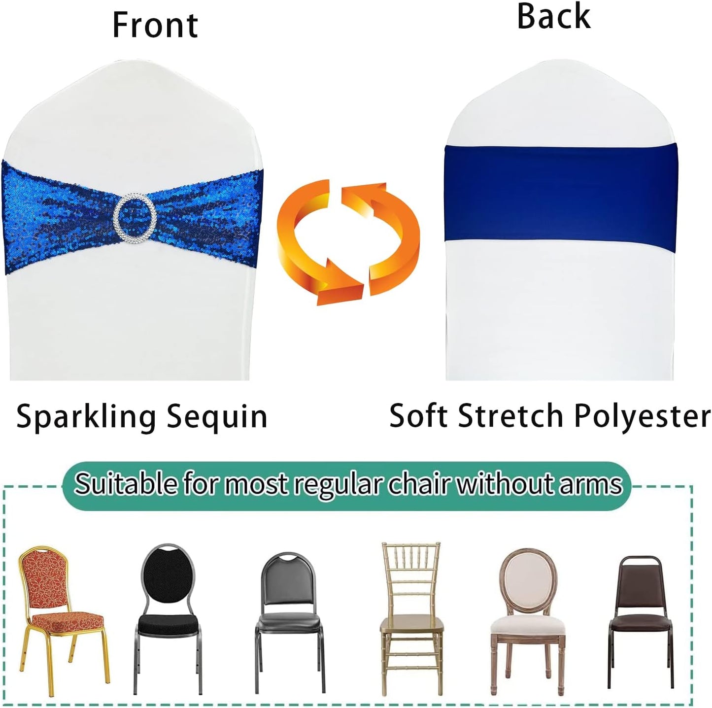 10 Pcs Chair Sashes Sequin Stretch Chair Bands Spandex Polyester Bows for Party Hotel Wedding Banquets Decoration - Royal Blue