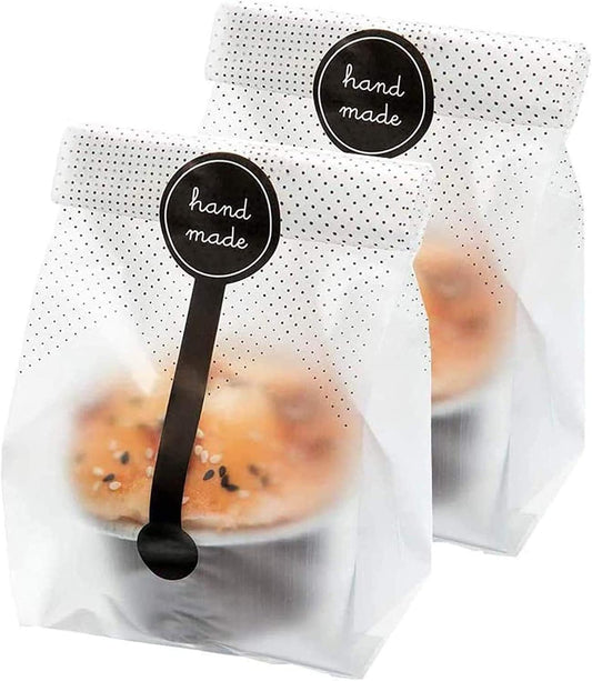 (200Pcs)100pcs Translucent Plastic Bags/Bakery Bags with 100pcs Hand made Stickers for Cookie Cake Chocolate Candy Snack Wrapping Good for Bakery Party Supplies