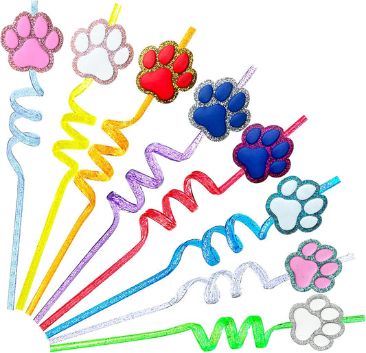 24 Glitter Paw Glitter Straws Birthday Party Decorations With 2pc Cleaning Brush for Pet Dog Puppy Pals Cat Birthday Party Decorations Supply Favors Reusable Straws