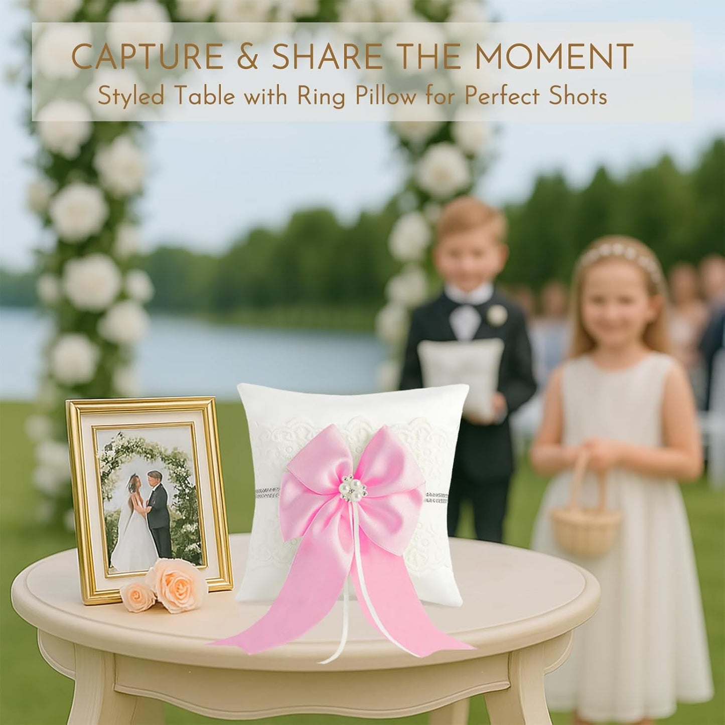 Wedding Ring Bearer Pillow: 8.2 x 8.2 Inch Satin Lace Cushion with Pink Pearl Bow for Ceremony Vows - Secure Ring Holder for Flower Boy or Girl