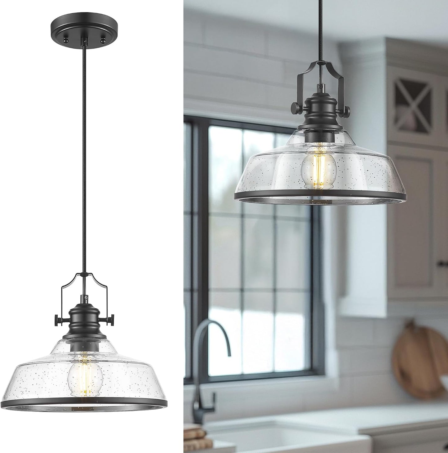 kudos Seeded Glass Pendant Light Kitchen Island, Adjustable Cord, Black Farmhouse Kitchen Light Fixture,KDPL13-BK-S