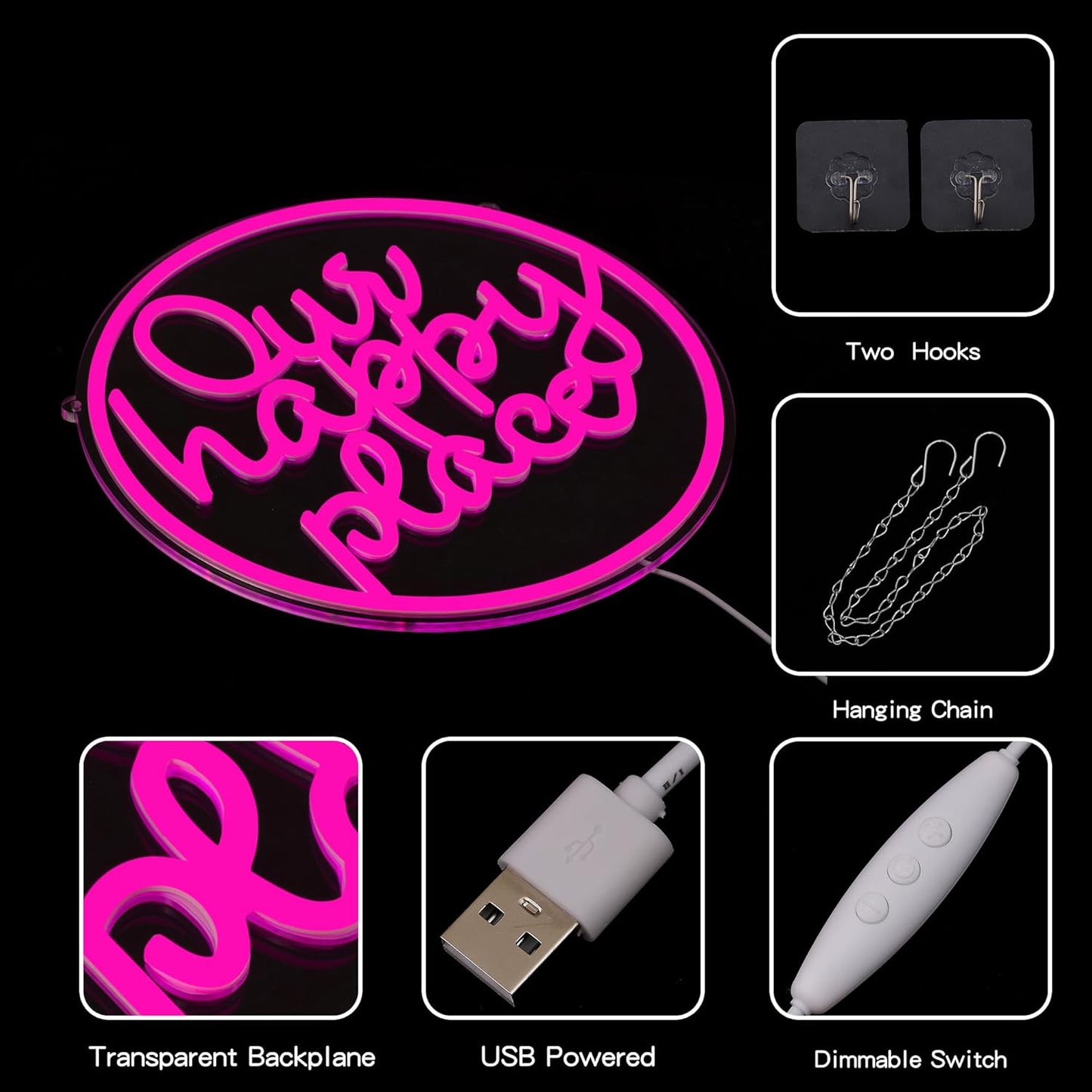 "Our happy place" Neon Sign Happy Place Neon Light for Wall Decor Letter Neon Signs Pink LED Neon Sign Round LED Neon Light for Bedroom Bar Party Birthday Club Decor