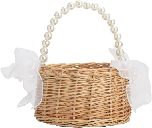 Wicker Rattan Flower Girl Basket Rustic Wedding Flower Girl Basket with Pearl Handle Small Flower Basket for Flower Girl Fairy Wedding Basket Handwoven Easter Baskets for Boys Girls Wedding (1 Pcs)