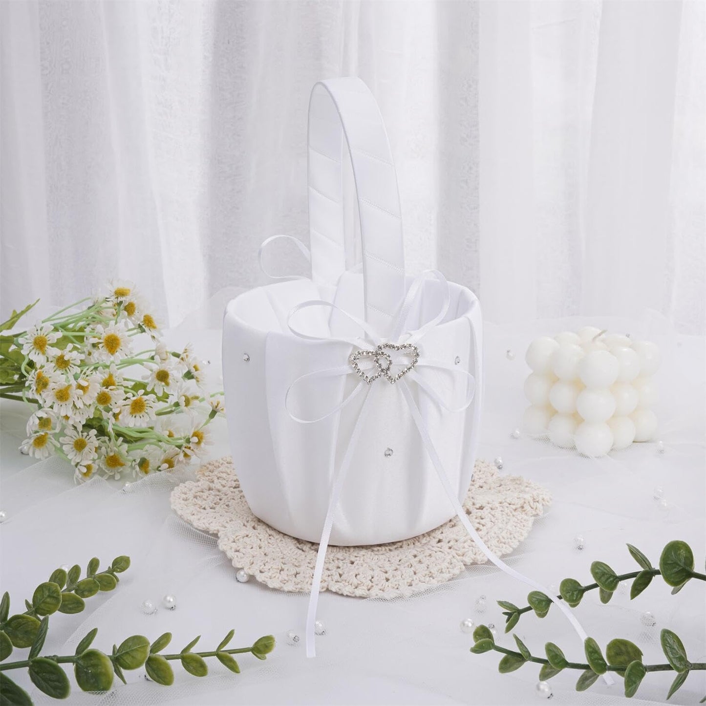 QIRMIZI Wedding Ring Pillow and Flower Girl Basket Set – Adorned with Pearl Rhinestones, White Satin,White