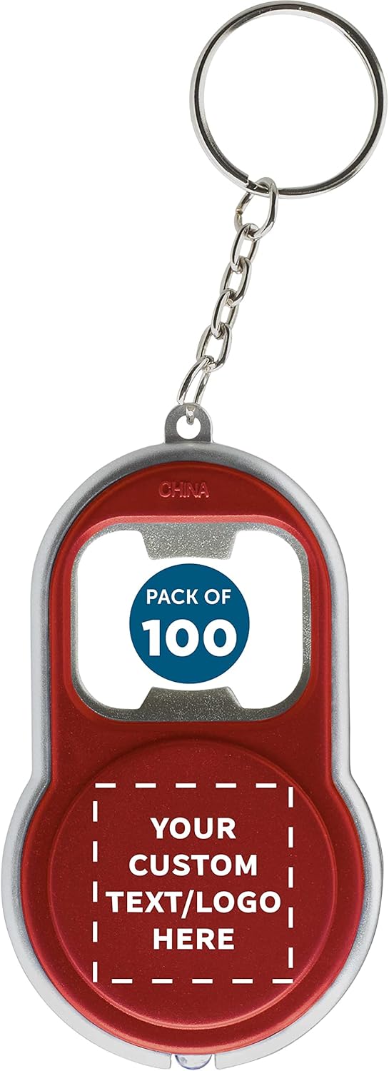 DISCOUNT PROMOS Custom Bottle Opener & LED Keychains Set of 100, Personalized Bulk Pack - Perfect for Tradeshows, Party Favors, Other Events - Red