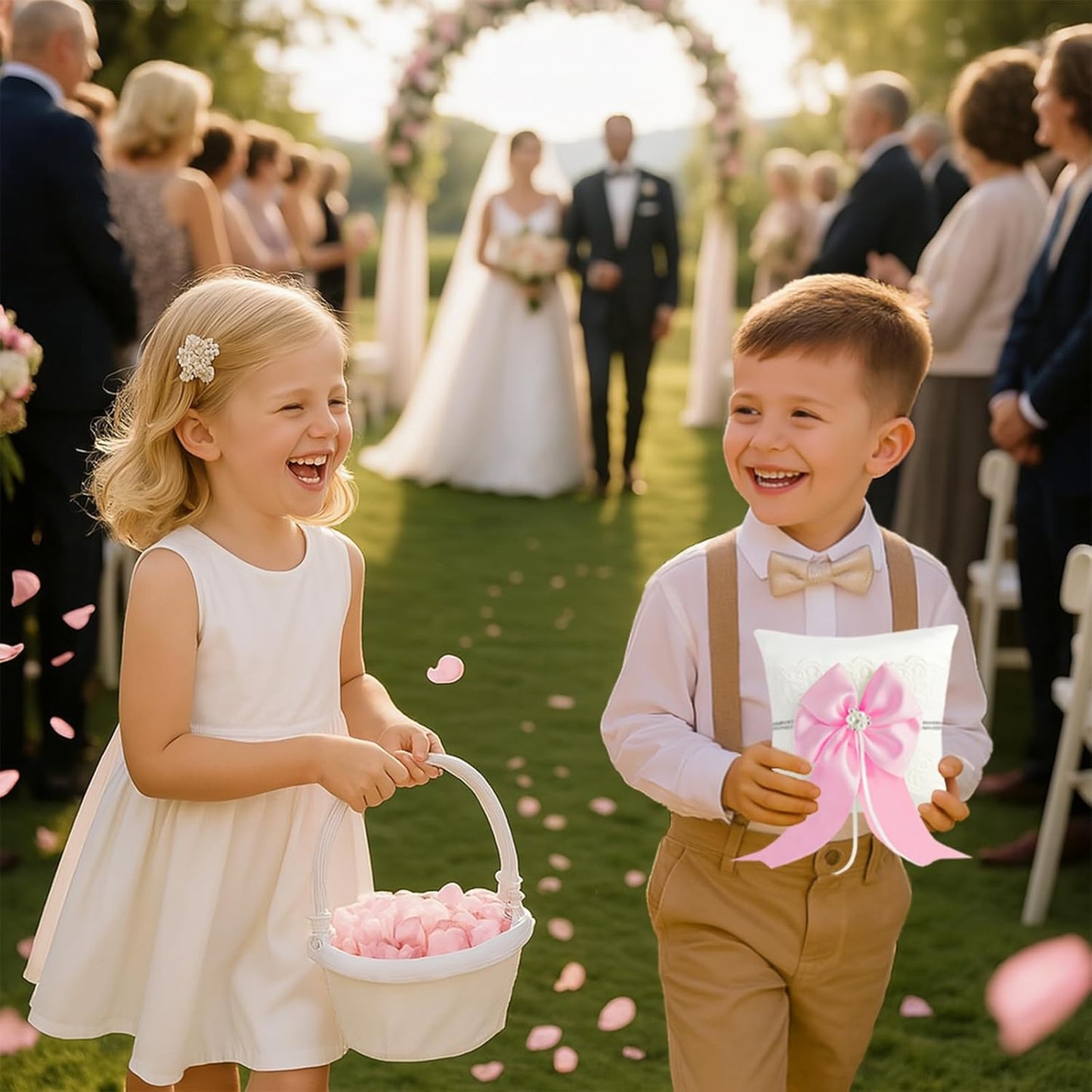 Wedding Ring Bearer Pillow: 8.2 x 8.2 Inch Ivory Satin Lace Cushion with Pink Pearl Bow for Ceremony Vows - Secure Ring Holder for Flower Boy or Girl (Pink – 2 Pack)