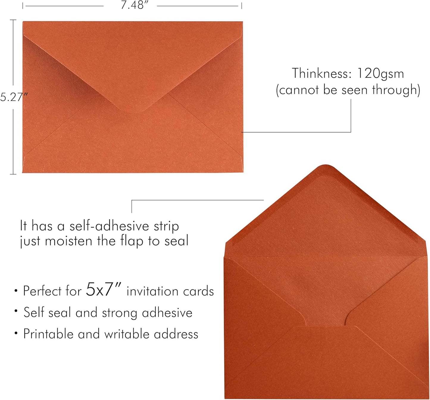 PONATIA 50 Pieces/Lot A7 Envelopes, 5.35 x 7.5'' Burnt Orange Envelopes, Perfect For 5''x7'' Wedding Invitation Cards, Graduation Invite, Acrylic Invitations, Photos