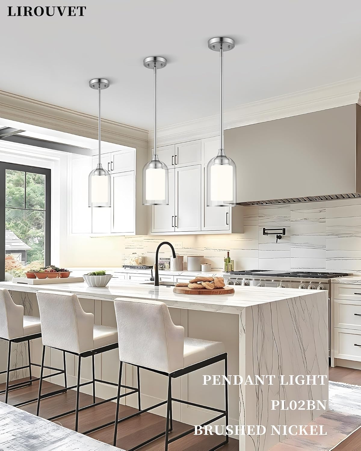 LIROUVET 2 Pack Pendant Light Fixtures, Modern Dual Glass Pendant Lights, Brushed Nickel Hanging Light with Clear and Milk Glass, Pendant Lights Kitchen Island for Dining Room PL02BN-2PK