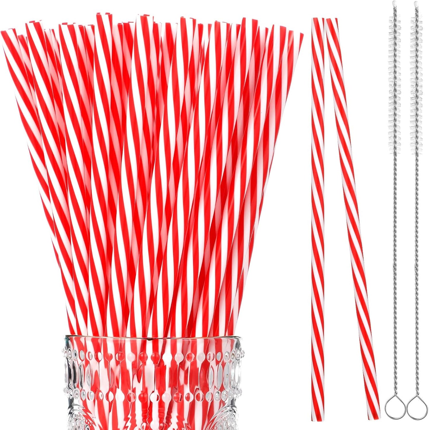 Vesici 9 Inch Plastic Striped Straws Reusable with Cleaning Brush Red Striped Hard Drinking Straws for Christmas Party Decoration Supplies(Red and White,50 Pcs)