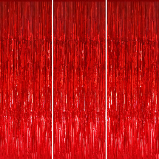 GOER 3.2 ft x 8.2 ft Metallic Tinsel Foil Fringe Curtains Party Photo Backdrop Party Streamers for Birthday,Graduation,New Year Eve Decorations Wedding Decor (3 Pcs, Red)