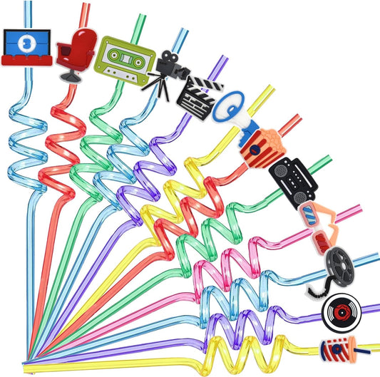 24 Pcs Movie Night Party Plastic Straws Movie Theme Party Supplies Projectors Cinema Ticket Popcorn Drinking Straws for Kids Teens Adults Birthday Party Favors Decorations