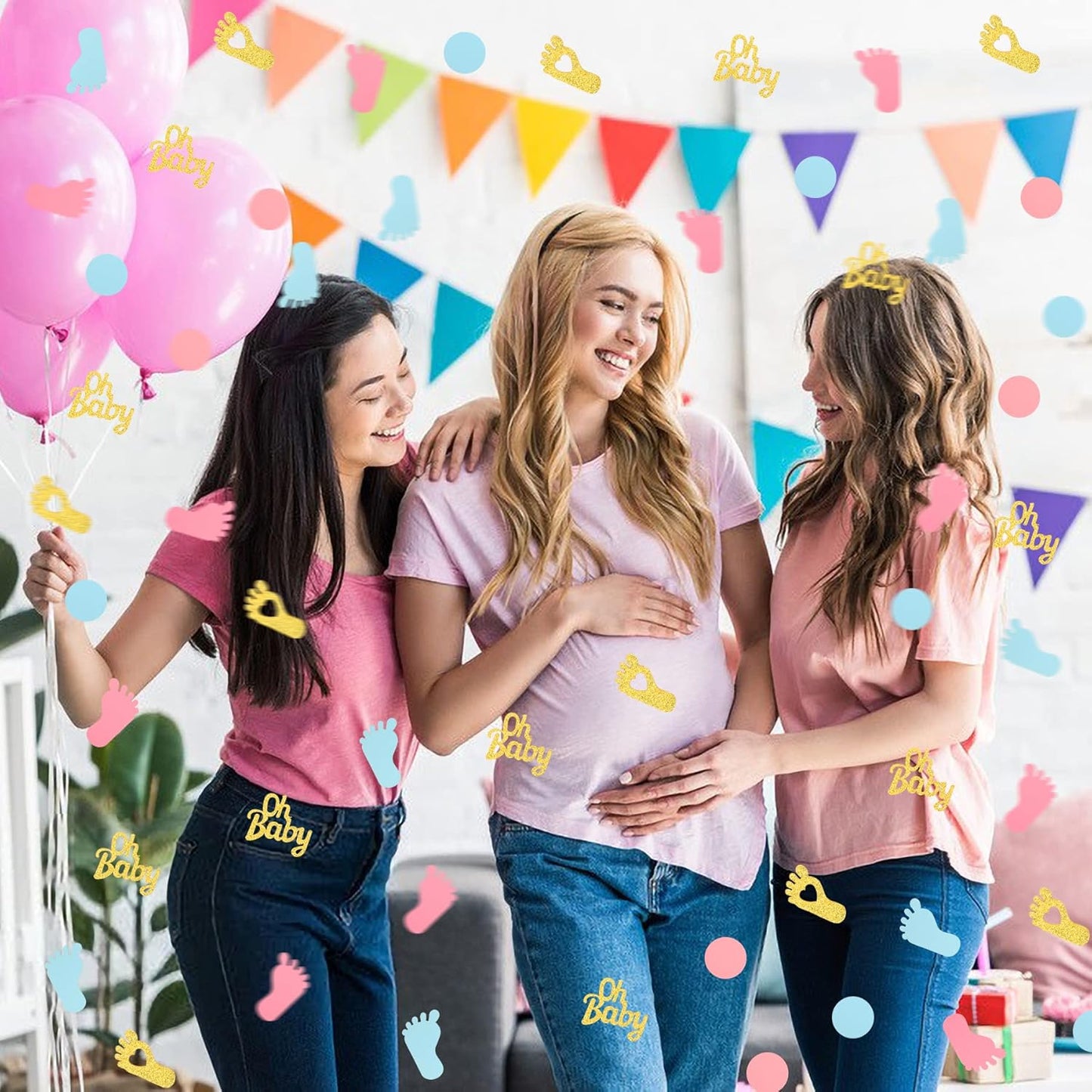 MARFOREVER 350 Pieces Gender Reveal Confetti Baby Shower Decoration Pink Blue Gold Round Glitter Confetti Oh Baby Footprints Table Paper Confetti for Gender Reveal Party Table Wedding Decor
