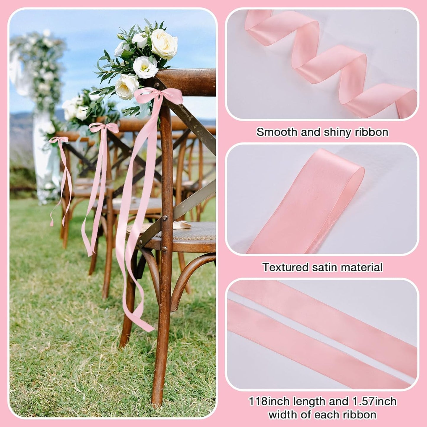 Big Bow with 24 Pcs Chair Ribbon Wedding Aisle Decorations, 78x18 inch Giant Bow for Backdrop Detachable Bow for Dress, Pew Bows Sashes for Chair Wedding Ceremony Outdoor Party (Pink)