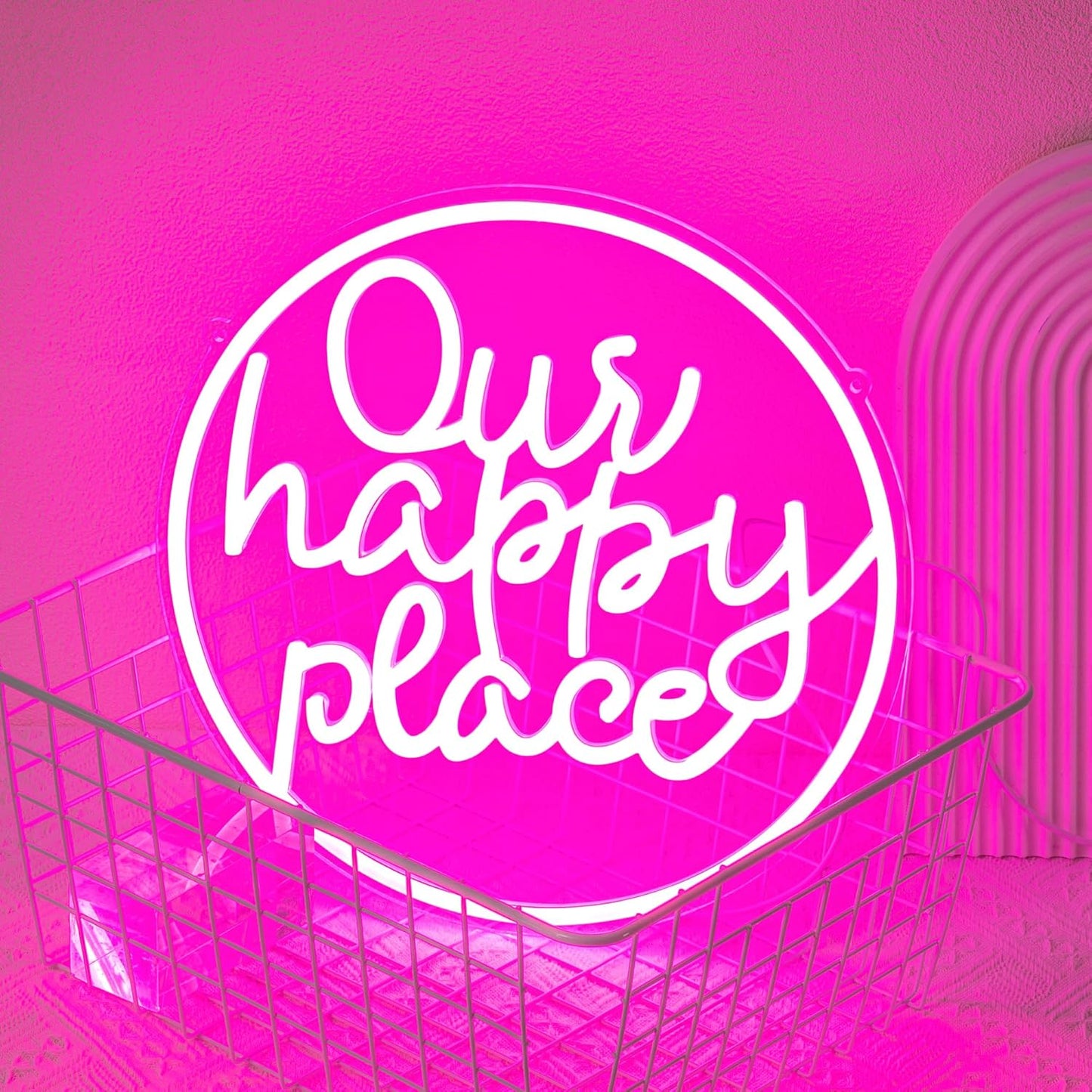 "Our happy place" Neon Sign Happy Place Neon Light for Wall Decor Letter Neon Signs Pink LED Neon Sign Round LED Neon Light for Bedroom Bar Party Birthday Club Decor