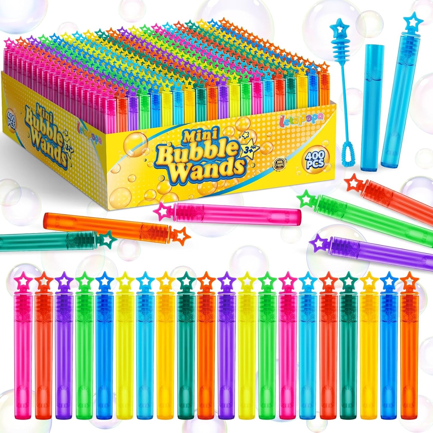 Letapapa Bubble Wand, 400 Pcs Mini Bubble Wands Bulk in 10 Colors, Bubble Easter Halloween Party Favors for Kids, Summer Toys, Indoor Outdoor Activity, Themed Birthday, Wedding, for Girls & Boys