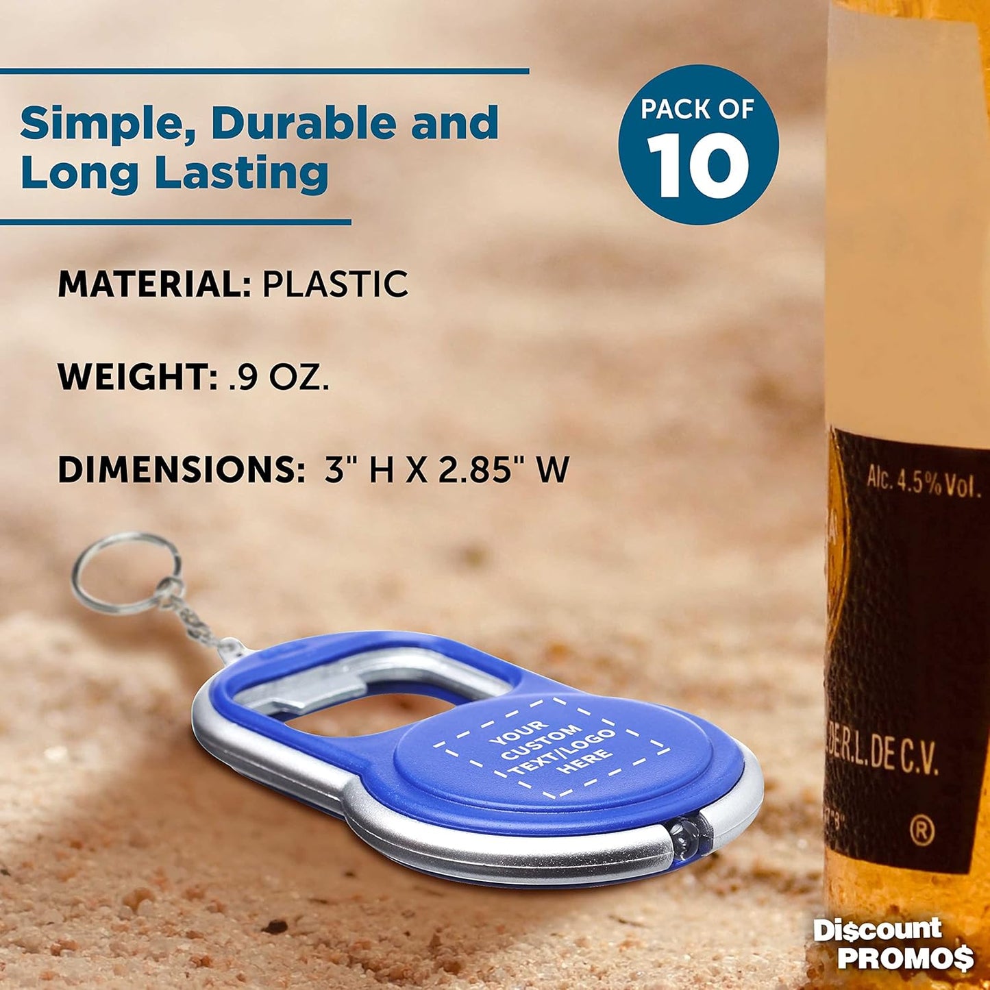 DISCOUNT PROMOS Custom Bottle Opener & LED Keychains Set of 10, Personalized Bulk Pack - Perfect for Tradeshows, Party Favors, Other Events - Blue