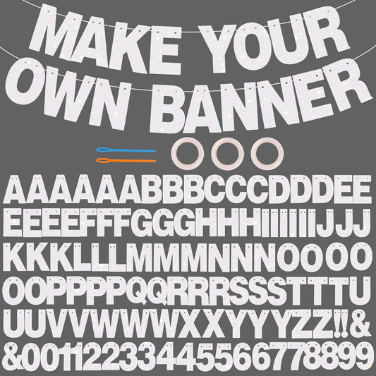 BEISHIDA 116 PCS Glitter Color White DIY Letter Banner Kit Make Your Own Banner，Including 111 Letters and Numbers 3 Rope and 3 Threading Device,Customized for Birthday Graduation Wedding Party Decor