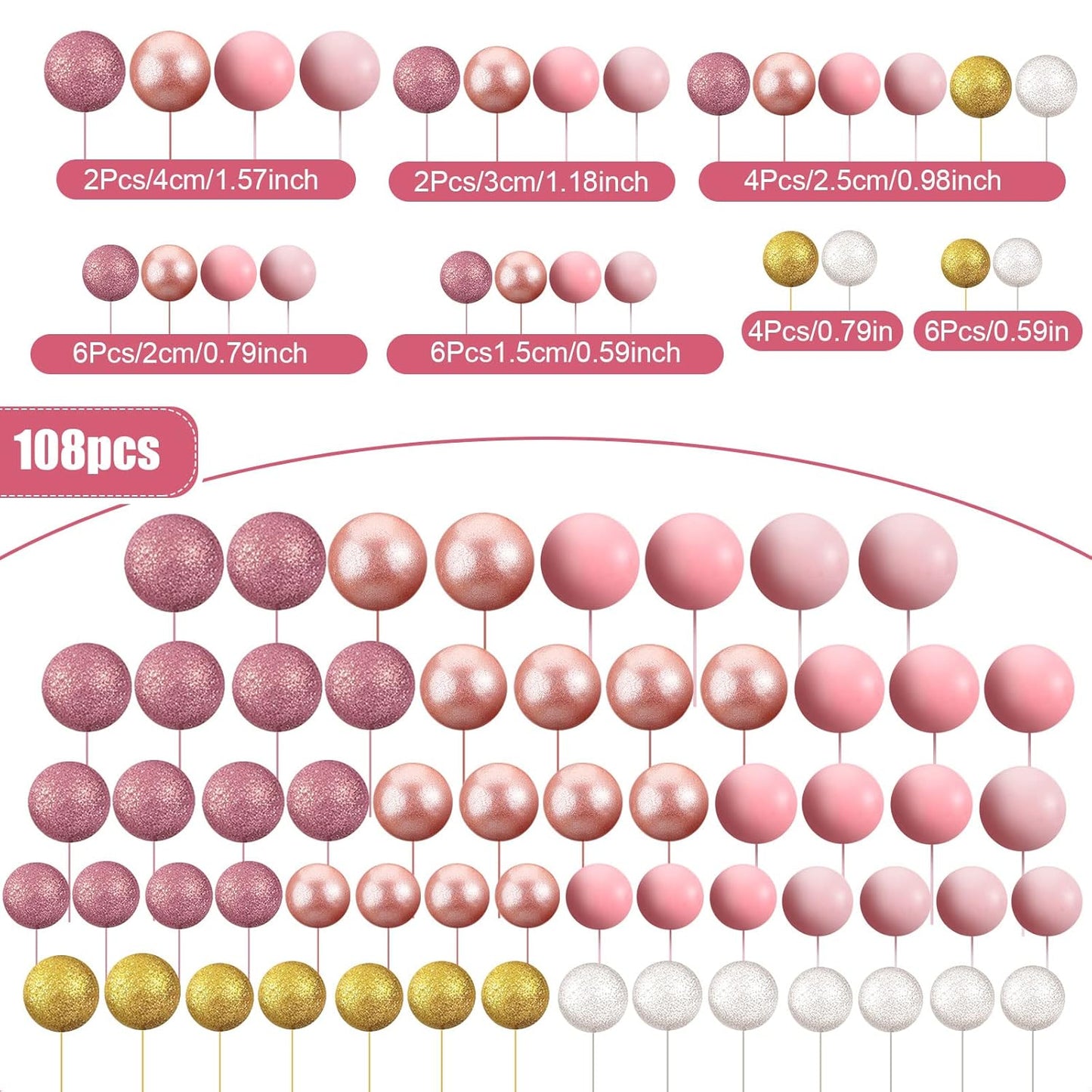 108 Pcs Balls Cake Topper DIY Cupcake Insert Foam Balloons for Cake Baking Wedding Anniversary Birthday Decoration(Assorted Pink, White, Gold,Multi Sizes)