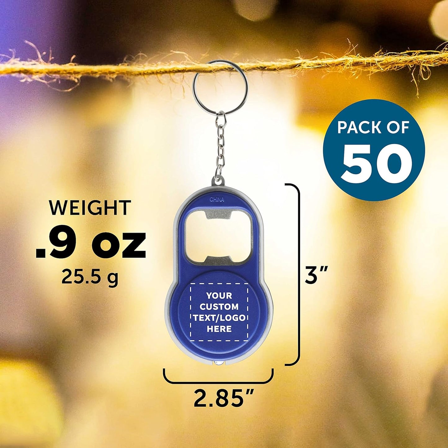 DISCOUNT PROMOS Custom Bottle Opener & LED Keychains Set of 50, Personalized Bulk Pack - Perfect for Tradeshows, Party Favors, Other Events - Blue
