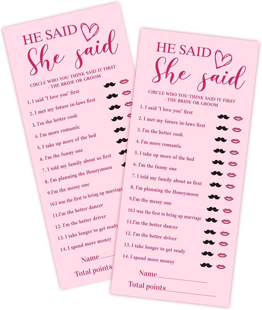 4x9 Inch Bridal Shower Party Games, He Said She Said, Pink Wedding Shower Games Cards for 25 Guests, Engagement Party Supplies Activity and Decoration-A04